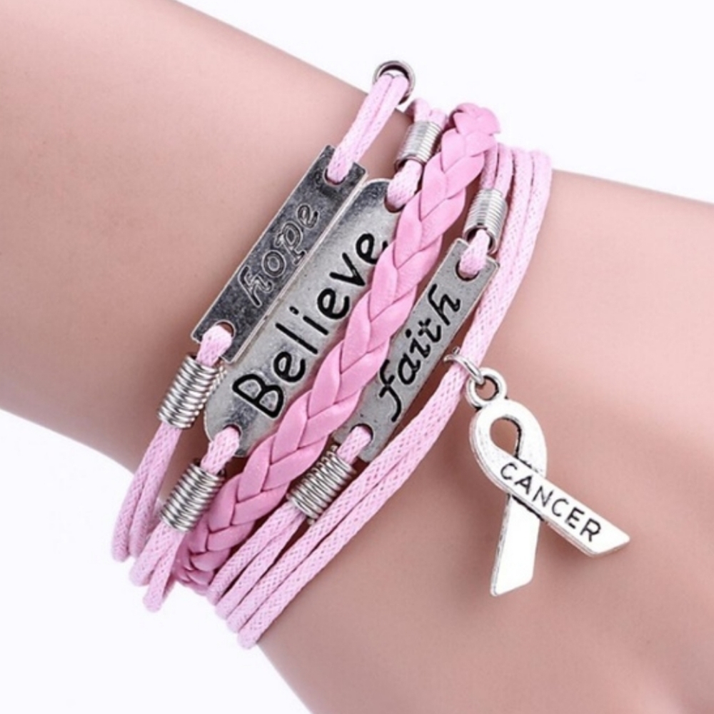 Multi-Layer Rope Pink Ribbon Awareness Bracelet